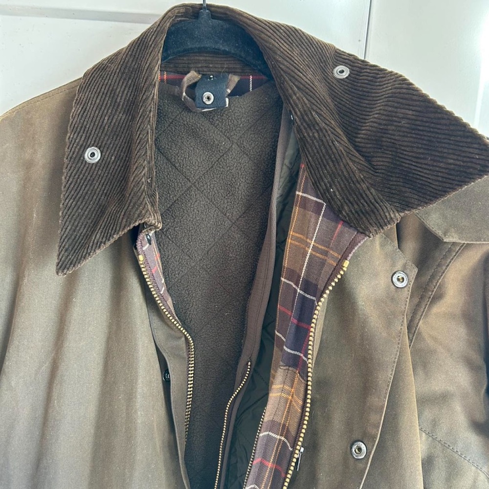 Men's Barbour wax jacket with vest to zip in for extra warmth.